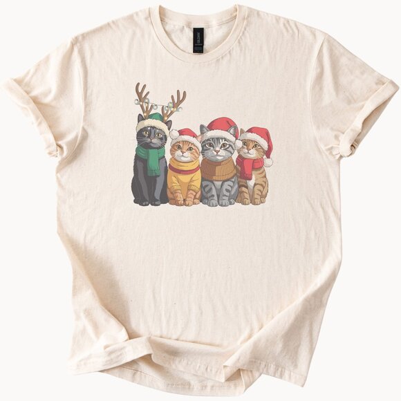 Cute Christmas Cat Shirt Funny Cartoon Cats in Santa Hats Holiday Tee - Picture 1 of 6